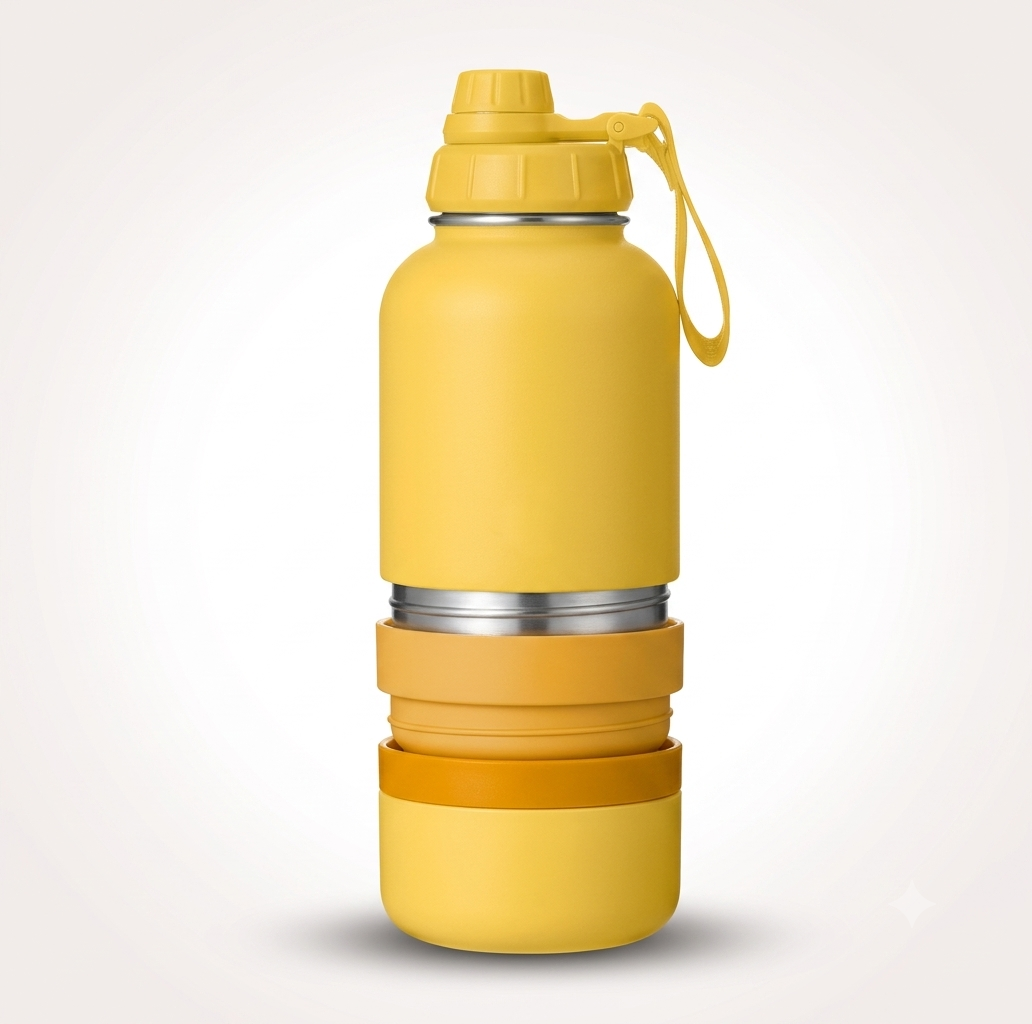 Gourde isotherme pour chien PET SHOP en acier inoxydable jaune avec bol intégré