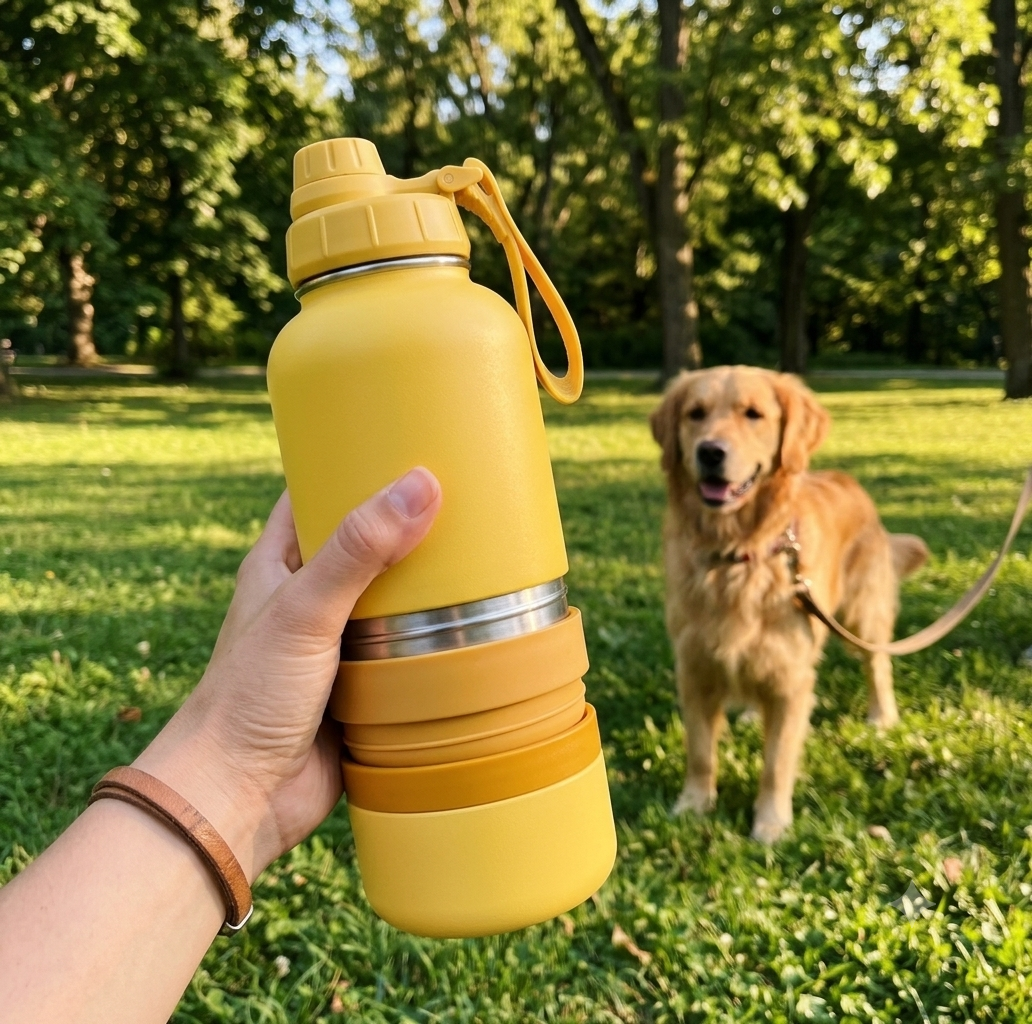 Main tenant la gourde isotherme pour chien PET SHOP dans un parc avec un Golden Retriever