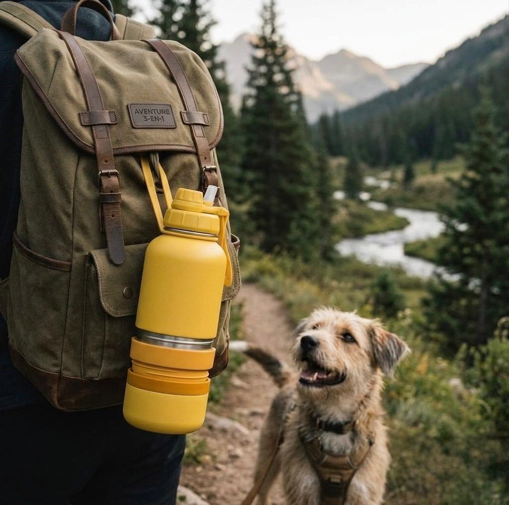 Gourde isotherme pour chien PET SHOP accrochée à un sac à dos lors d'une randonnée en montagne