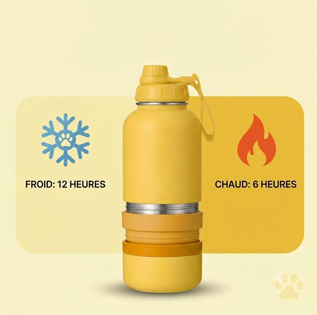 Infographie gourde PET SHOP : garde au froid 12 heures et au chaud 6 heures