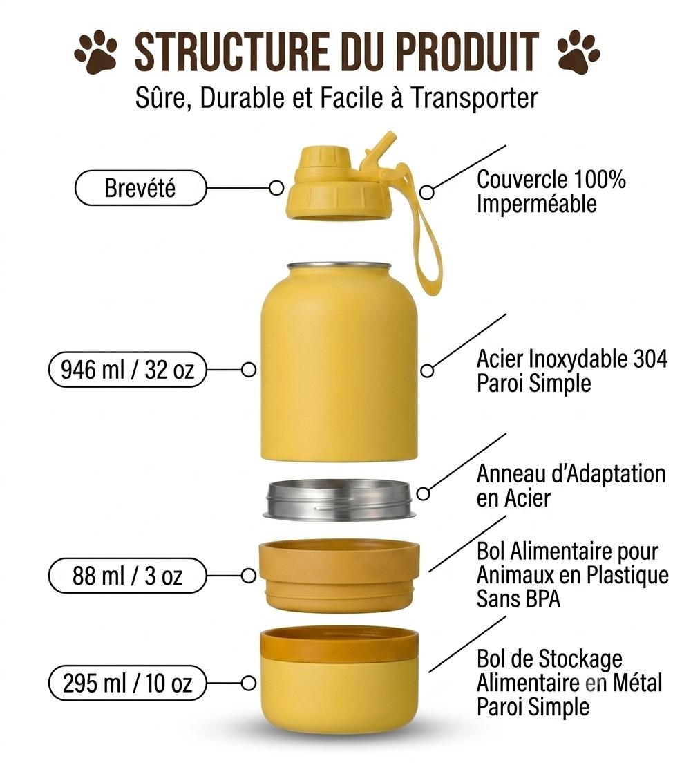 Structure de la gourde pour chien PET SHOP : couvercle imperméable, acier inoxydable 304, bols alimentaires sans BPA