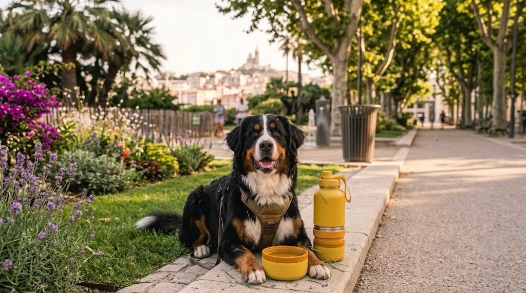 Chien Bouvier Bernois allongé dans un parc à côté de la gourde isotherme PET SHOP et son bol jaune